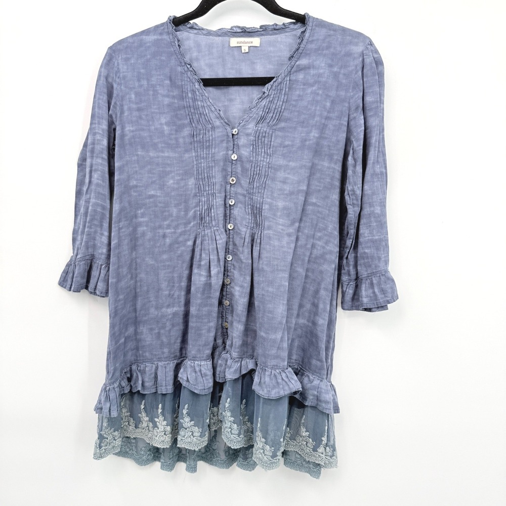Sundance Embroidered Lace‎ Hem Blouse Womens S Pintuck Ruffle Boho Cottagecore